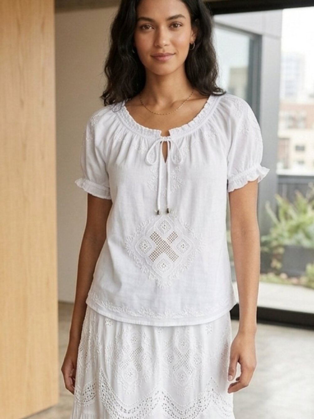 Vintage Cynthia Rowley Boho Embroidered Peasant Blouse White Size L Like New
